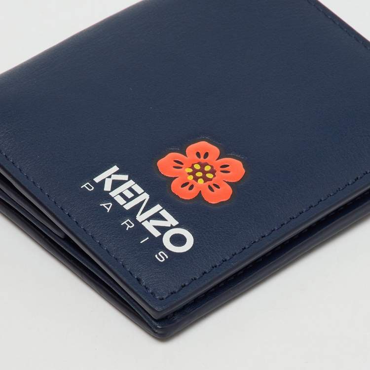 Pre Owned Kenzo Navy Blue Leather Boke Flower Logo Print Mini Bifold Wallet