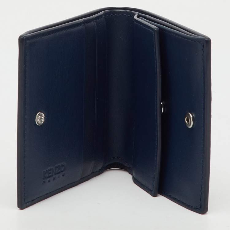 Pre Owned Kenzo Navy Blue Leather Boke Flower Logo Print Mini Bifold Wallet