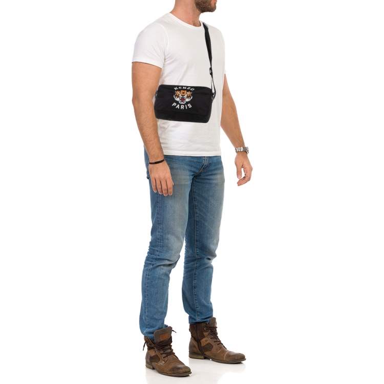 Pre Owned Kenzo Black Fabric Tiger Varsity Embroidered Crossbody Bag