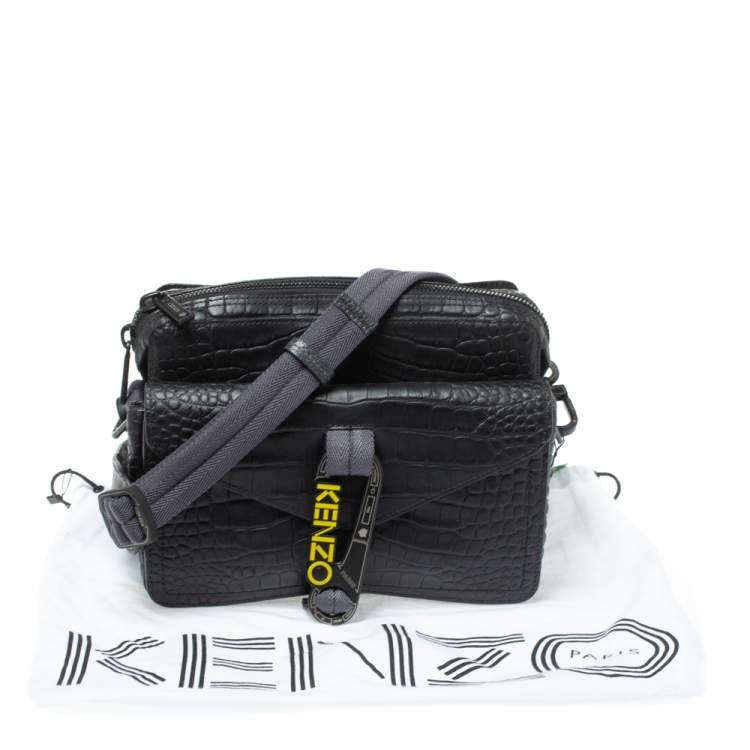 Pre Owned Kenzo Black Croc Embossed Leather Hiker Crossbody Bag