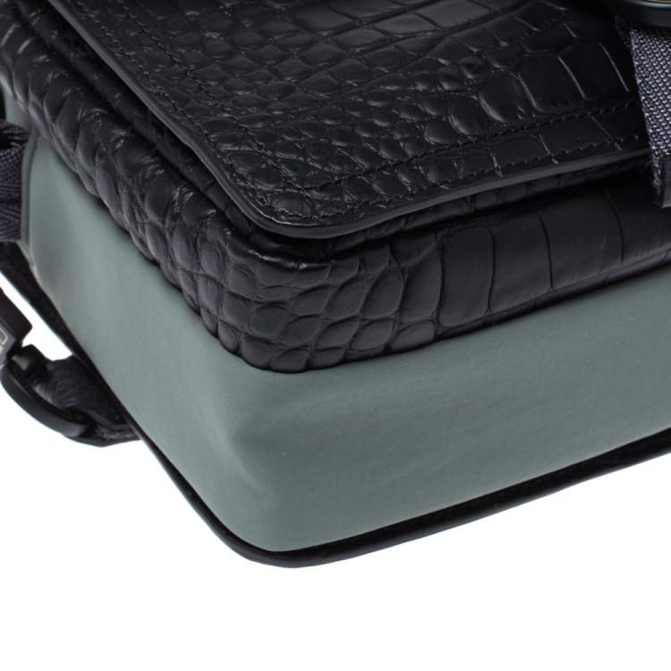 Pre Owned Kenzo Black Croc Embossed Leather Hiker Crossbody Bag