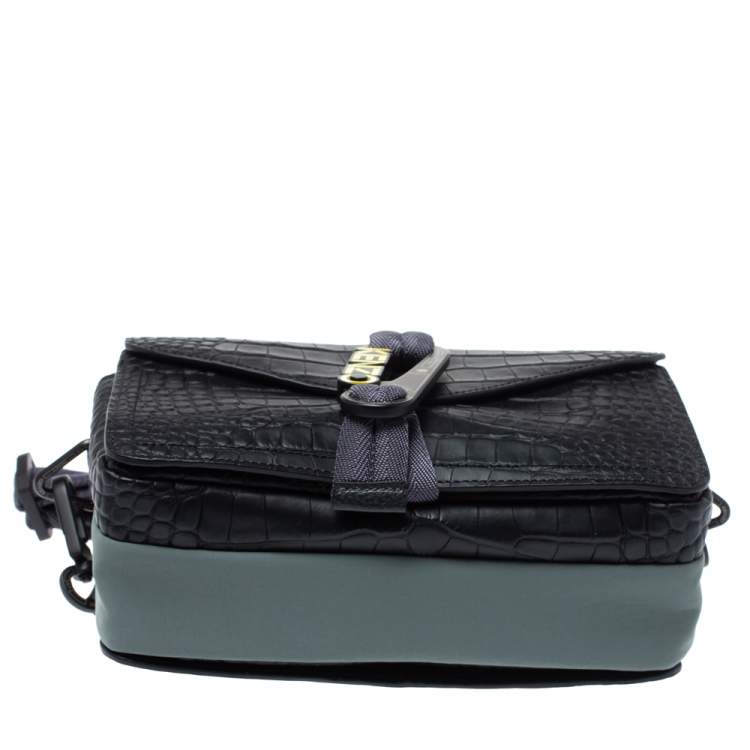 Pre Owned Kenzo Black Croc Embossed Leather Hiker Crossbody Bag