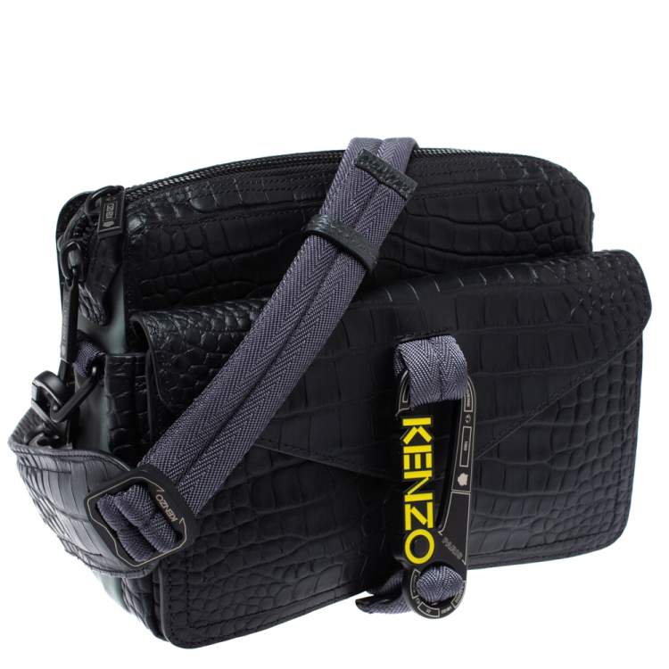 Pre Owned Kenzo Black Croc Embossed Leather Hiker Crossbody Bag