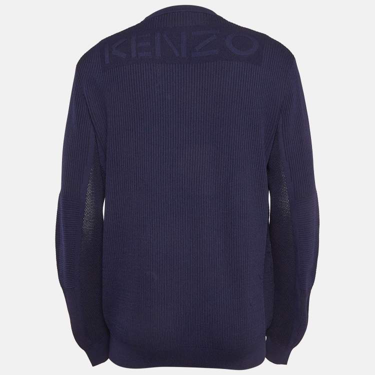 Pre Owned Kenzo Navy Blue Logo Intarsia Rib Knit Sweater M