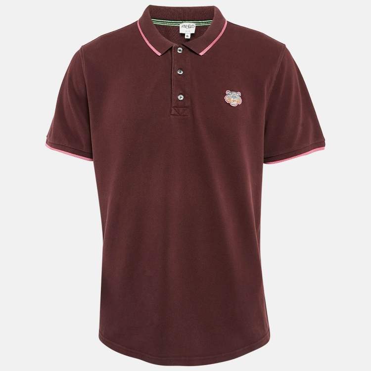 Pre Owned Kenzo Burgundy Cotton Tiger Patchwork Polo T-Shirt XL