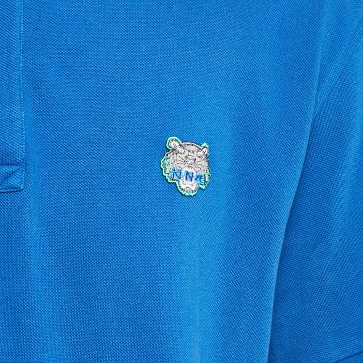 Pre Owned Kenzo Blue Tiger Applique Cotton Pique Polo T-Shirt XL