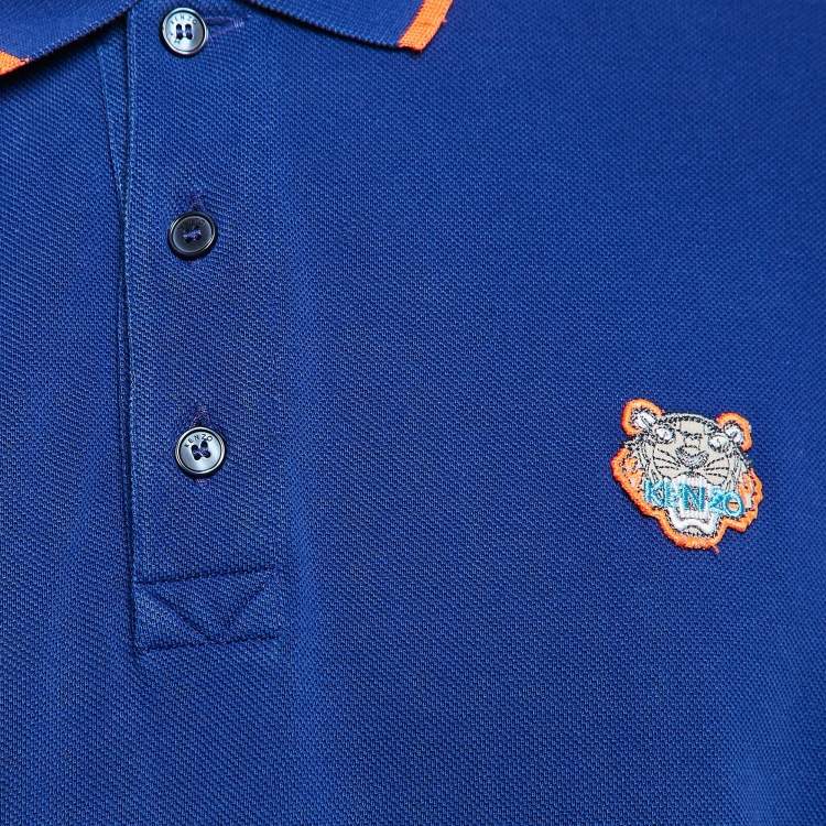 Pre Owned Kenzo Blue Tiger Applique Cotton Pique Polo T-Shirt XL