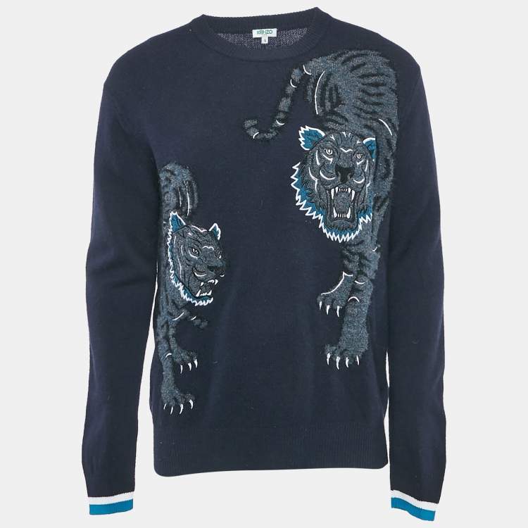 Pre Owned Kenzo Navy Blue Tiger Intarsia Wool Knit Sweater L