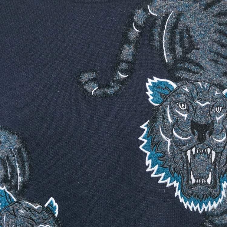 Pre Owned Kenzo Navy Blue Tiger Intarsia Wool Knit Sweater L