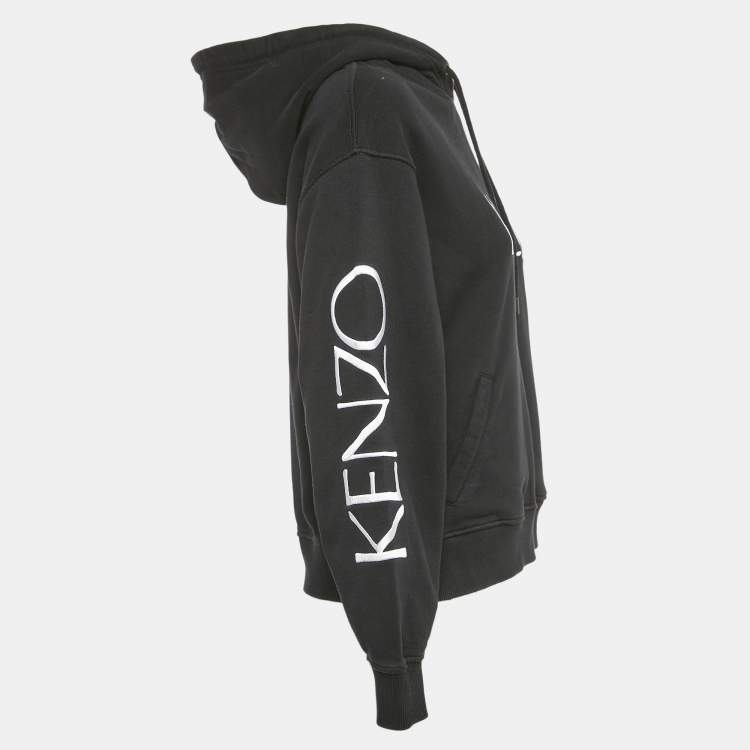 Pre Owned Kenzo Black Floral Logo Embroidery Cotton Hooded Sweatshirt S