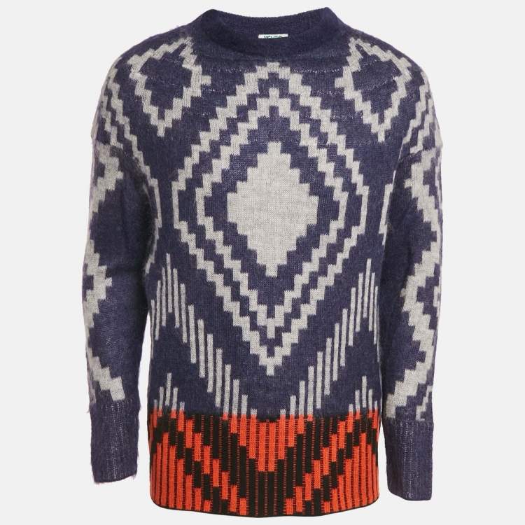 Pre Owned Kenzo Blue Geometric Intarsia Mohair Wool Blend Sweater S