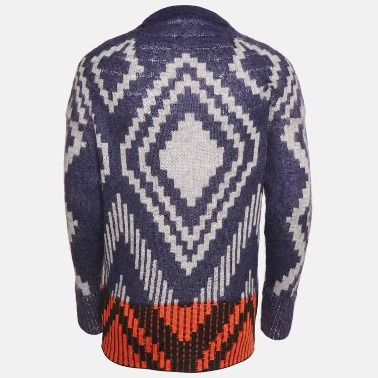 Pre Owned Kenzo Blue Geometric Intarsia Mohair Wool Blend Sweater S