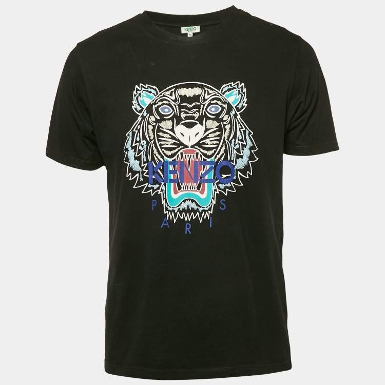 Pre Owned Kenzo Black Tiger Logo Print Jersey T-Shirt M
