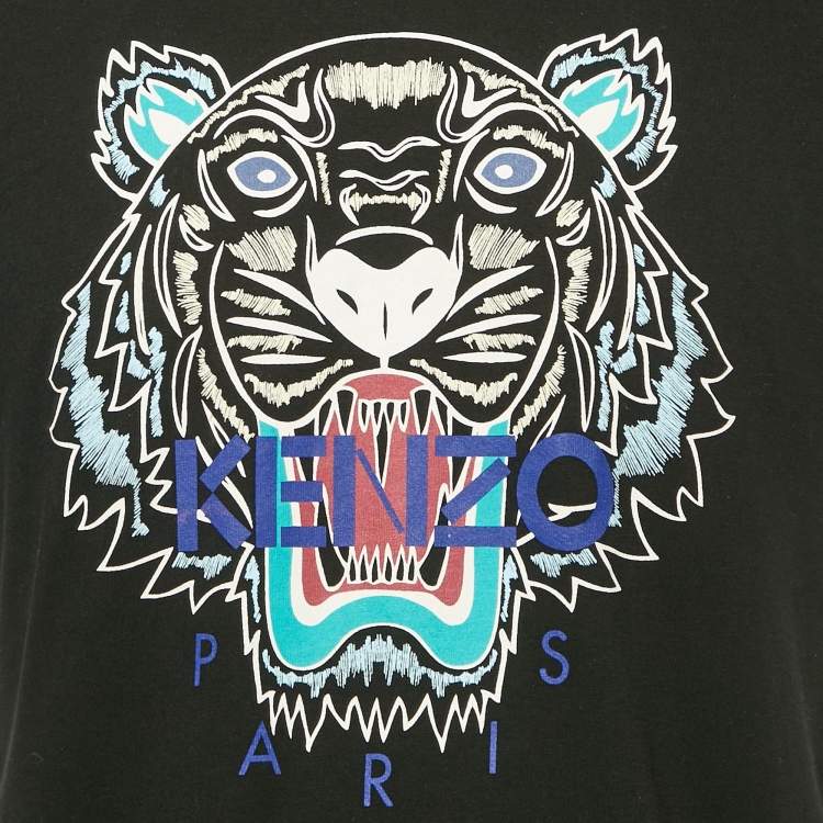 Pre Owned Kenzo Black Tiger Logo Print Jersey T-Shirt M