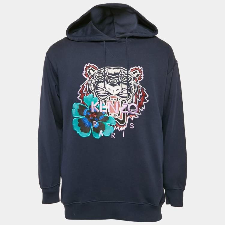 Pre Owned Kenzo Navy Blue Floral Tiger Embroidery Cotton Oversize Hooded Sweatshirt XS