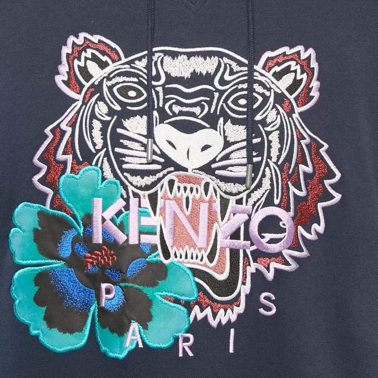 Pre Owned Kenzo Navy Blue Floral Tiger Embroidery Cotton Oversize Hooded Sweatshirt XS