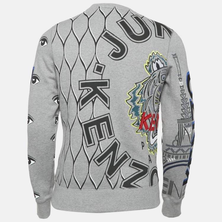 Pre Owned Kenzo Grey Embroidered Cotton Applique Detail Sweatshirt XS