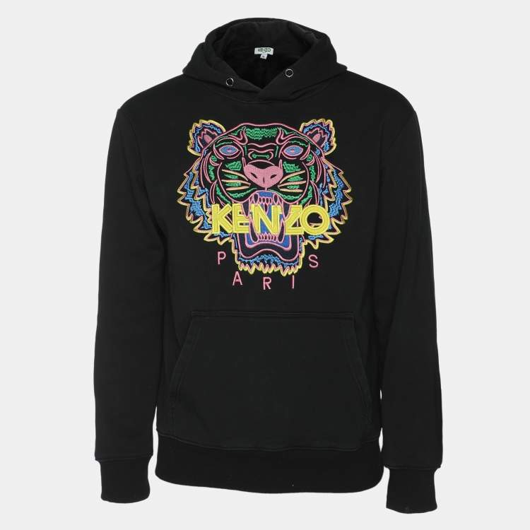 Pre Owned Kenzo Black Tiger Embroidered Cotton Knit Hoodie M