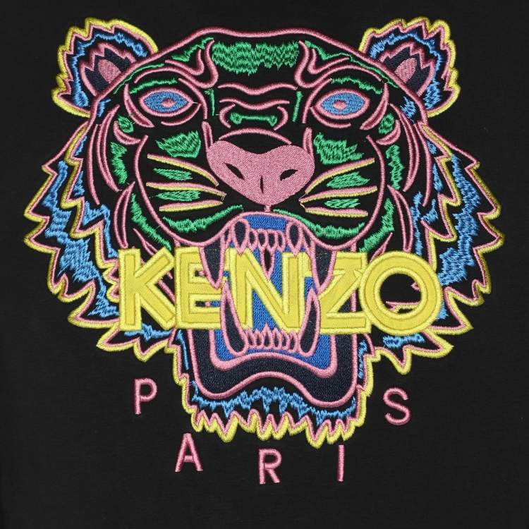 Pre Owned Kenzo Black Tiger Embroidered Cotton Knit Hoodie M
