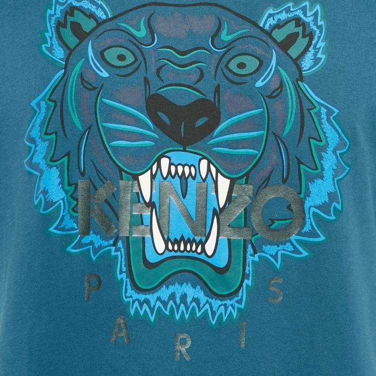 Pre Owned Kenzo Teal Blue Tiger Print Jersey Crewneck T-Shirt L