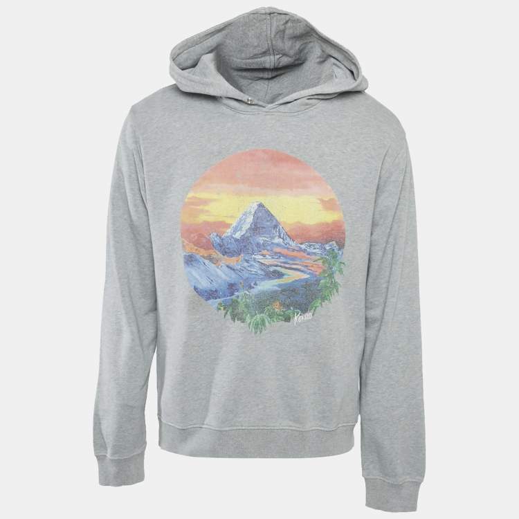 Pre Owned Kenzo Grey Printed Cotton Hoodie L