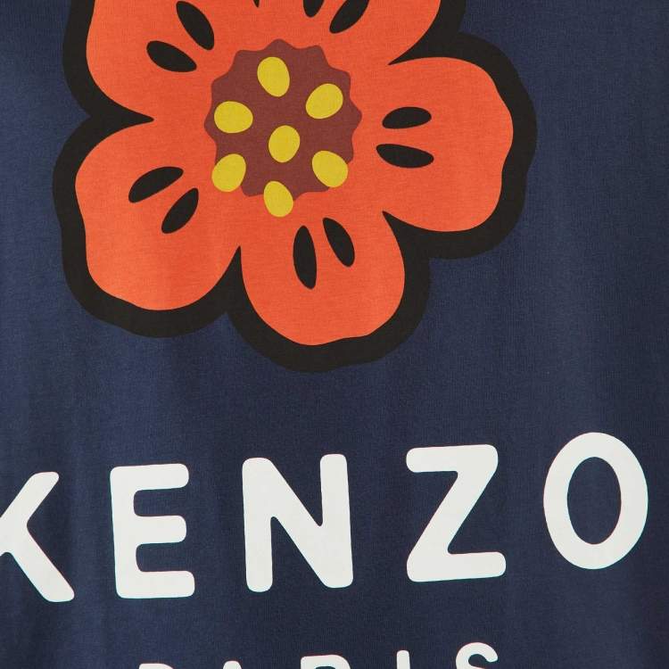 Pre Owned Kenzo Navy Blue Printed Cotton Crew Neck T Shirt M