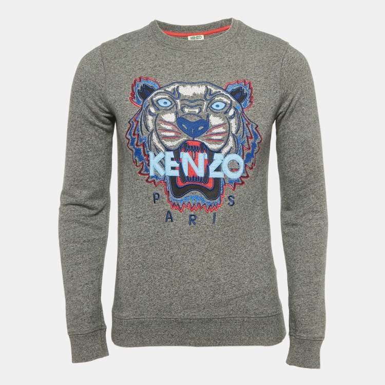 Pre Owned Kenzo Grey Tiger Embroidered Cotton Crewneck T-Shirt XS