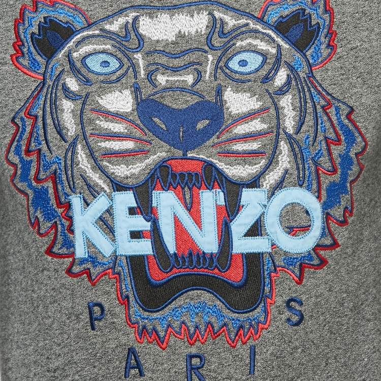 Pre Owned Kenzo Grey Tiger Embroidered Cotton Crewneck T-Shirt XS