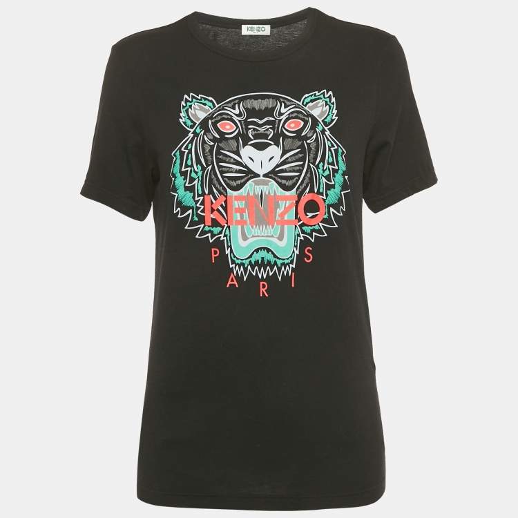 Pre Owned Kenzo Black Tiger Logo Print Jersey Crewneck T-Shirt XS