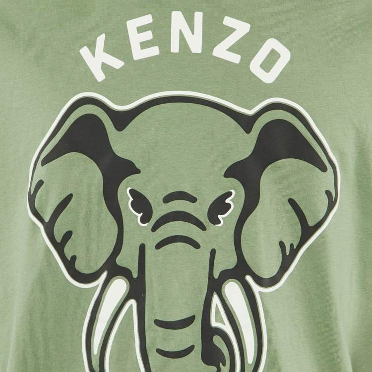 Pre Owned Kenzo Green Elephant Printed Cotton Knit T-Shirt L