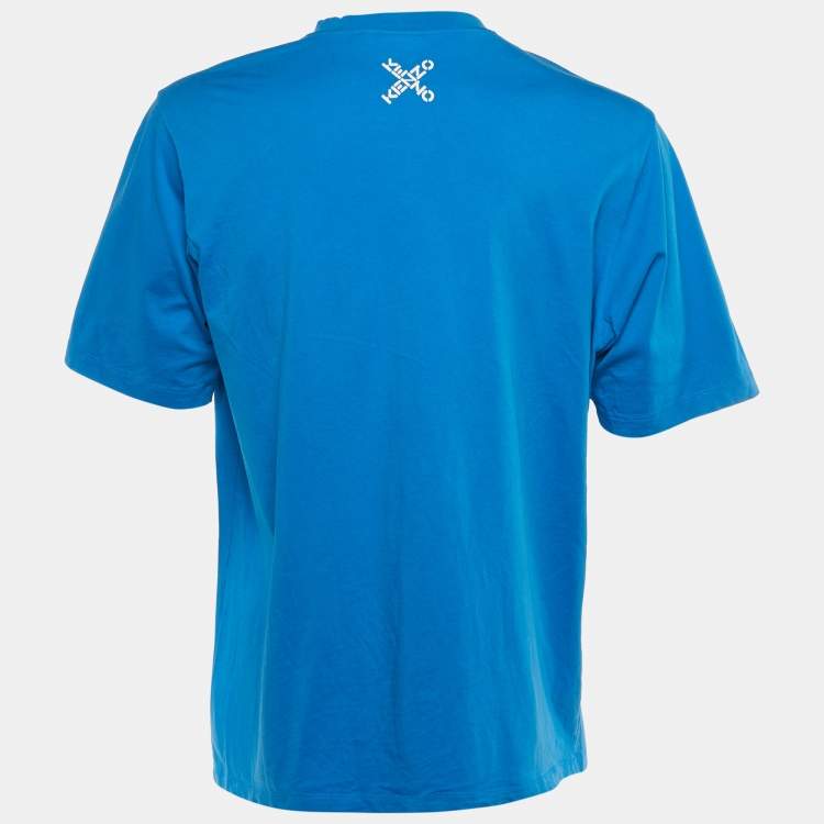 Pre Owned Kenzo Blue Logo Print Cotton Crew Neck T-Shirt M