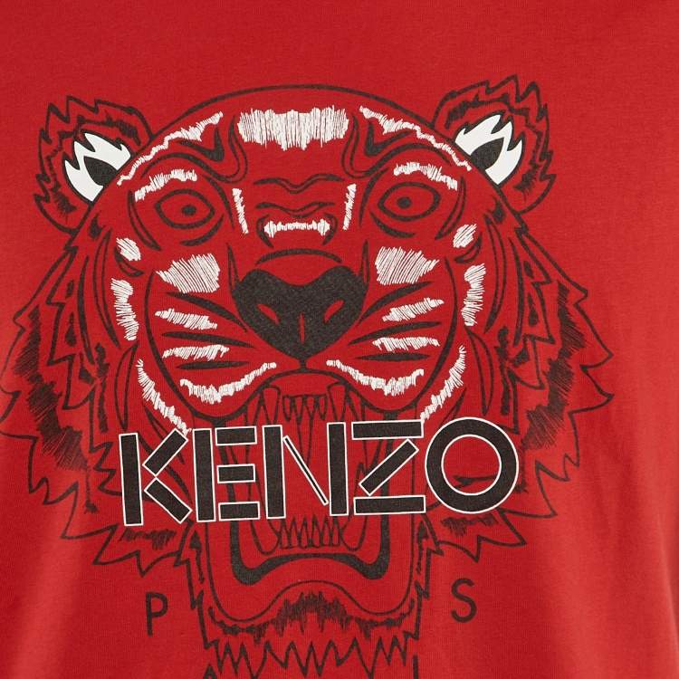 Pre Owned Kenzo Red Tiger Print Cotton Crew Neck T-Shirt S
