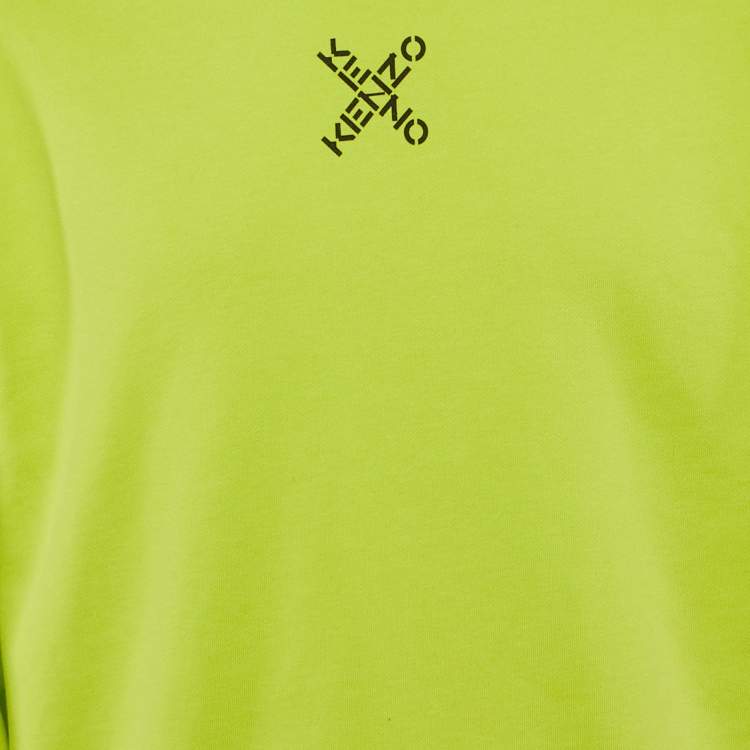 Pre Owned Kenzo Neon Green Logo Print Cotton Crew Neck Sweatshirt M