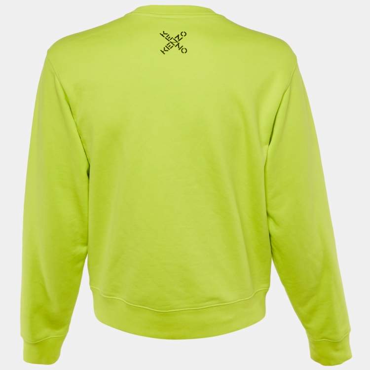 Pre Owned Kenzo Neon Green Logo Print Cotton Crew Neck Sweatshirt M