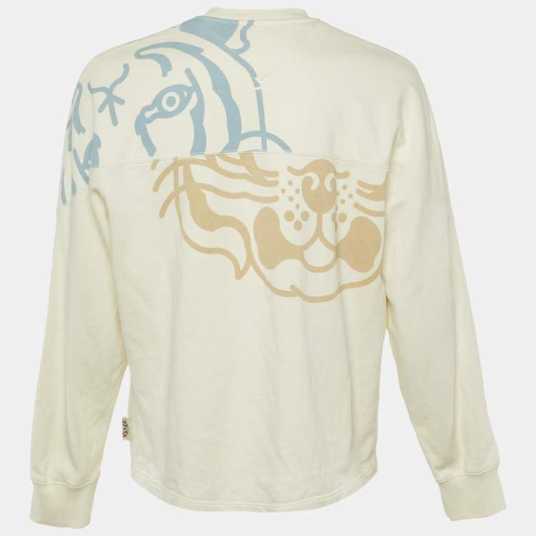 Pre Owned Kenzo Off White Printed Cotton Crew Neck Sweatshirt M