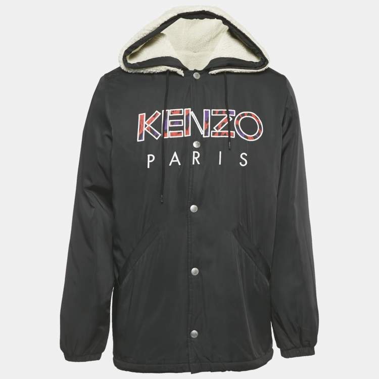 Pre Owned Kenzo Black Synthetic Shearling Hooded Jacket S