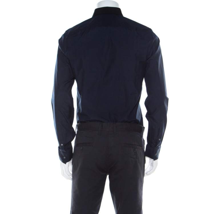 Pre Owned Kenzo Navy Blue Cotton Contrast Collar Slim Plus Fit Button Front Shirt L 