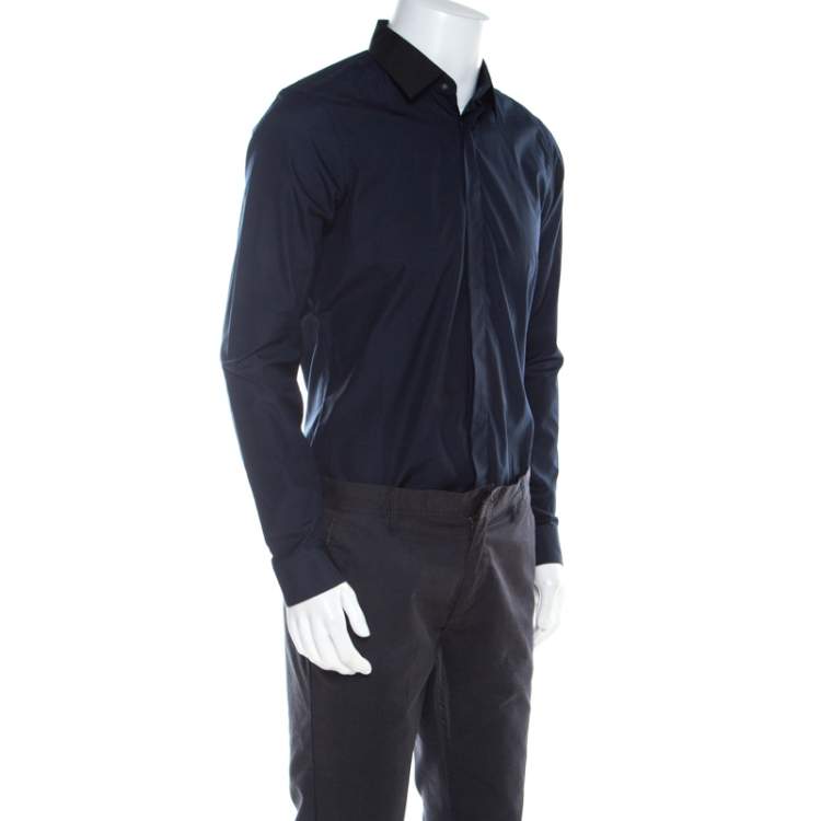 Pre Owned Kenzo Navy Blue Cotton Contrast Collar Slim Plus Fit Button Front Shirt L 