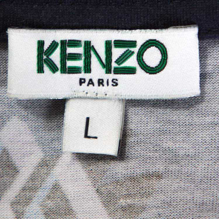 Pre Owned Kenzo Navy Blue Printed Cotton Logo Detail Crew Neck T-Shirt L