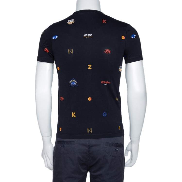 Pre Owned Kenzo Black All Over Print Cotton Tiger Embroidered T-Shirt XS 
