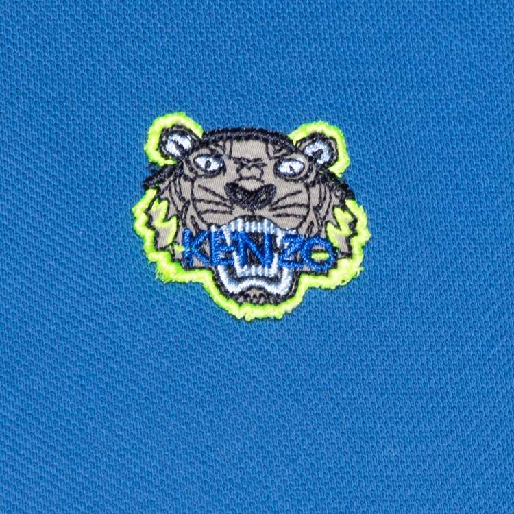 Pre Owned Kenzo Blue Tiger Motif Appliqued Cotton Polo T-Shirt M