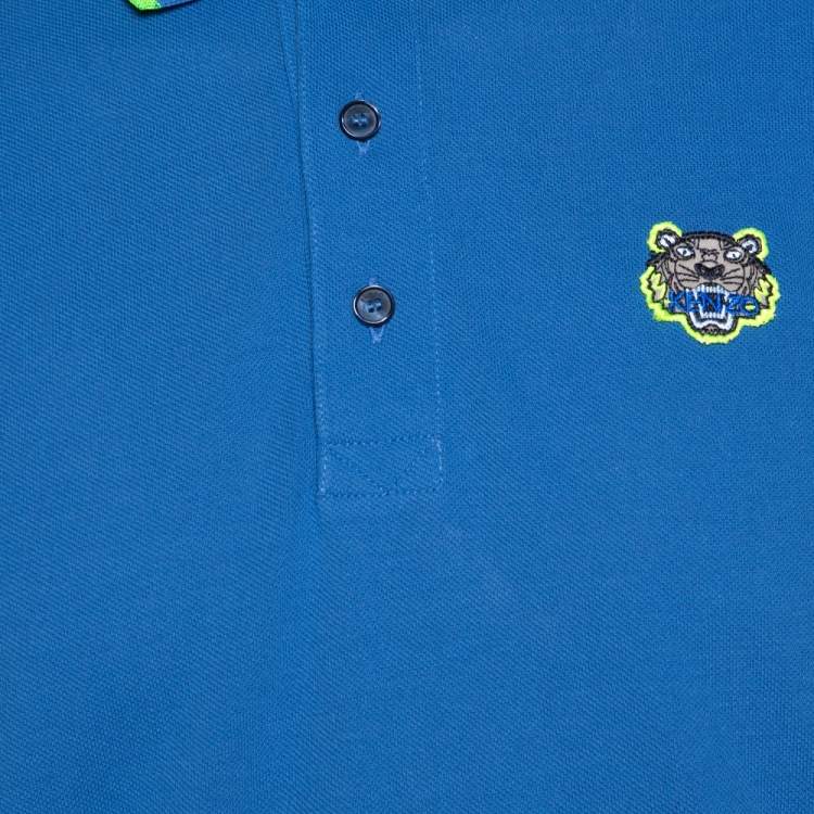 Pre Owned Kenzo Blue Tiger Motif Appliqued Cotton Polo T-Shirt M