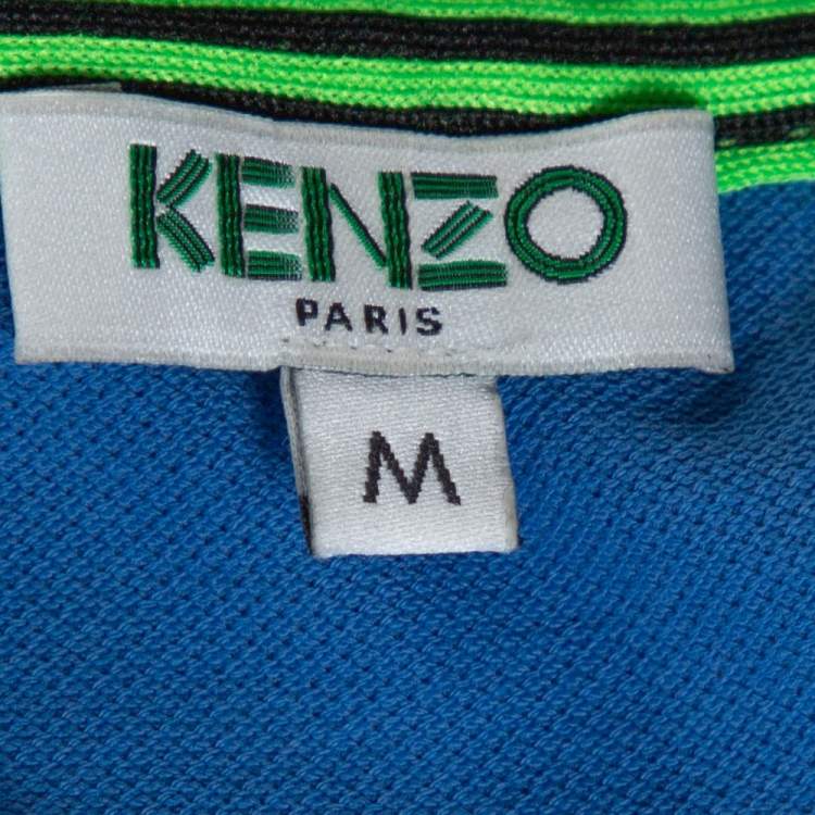 Pre Owned Kenzo Blue Tiger Motif Appliqued Cotton Polo T-Shirt M