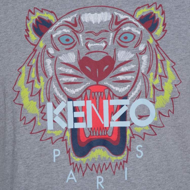 Pre Owned Kenzo Grey Cotton Tiger Motif Print Crew Neck T Shirt M 