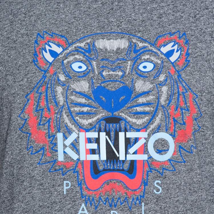 Pre Owned Kenzo Grey Cotton Tiger Print Crew Neck T Shirt L