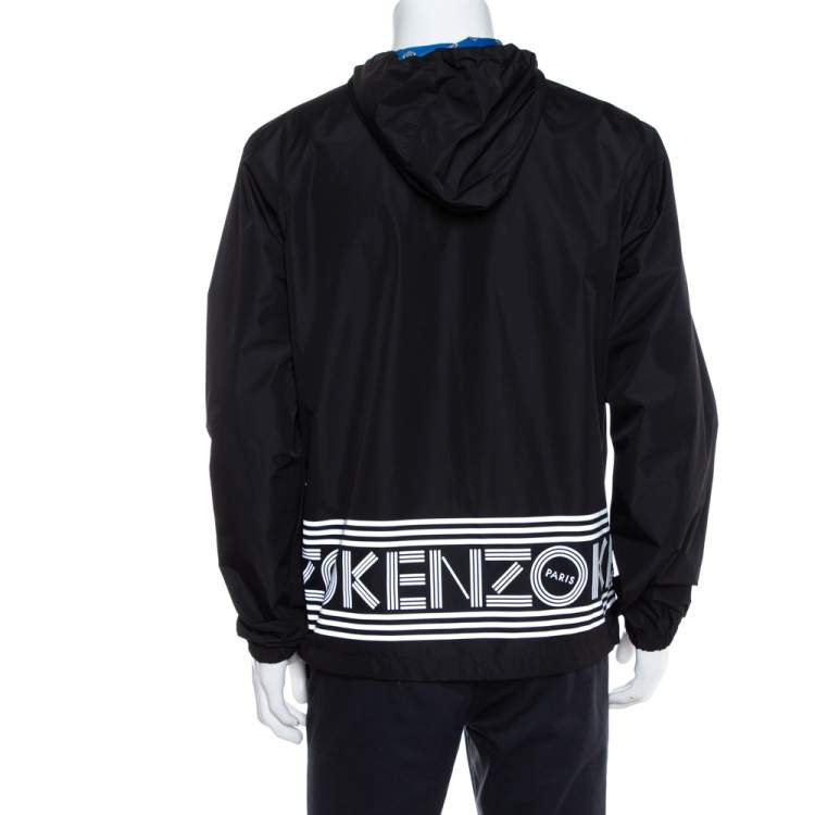 Pre Owned Kenzo Black Printed Synthetic Reversible Hooded Jacket L