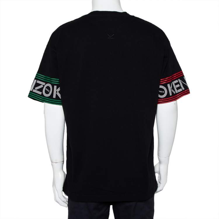 Pre Owned Kenzo Black Cotton Logo Printed Sleeve Detail Crewneck T-Shirt XXL