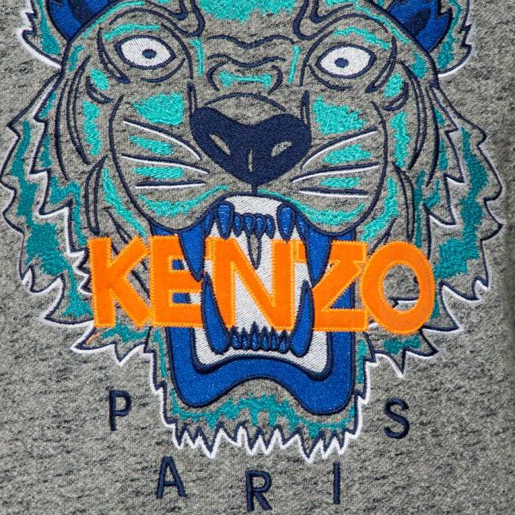 Pre Owned Kenzo Grey Cotton Tiger Embroidered Crewneck Sweatshirt L