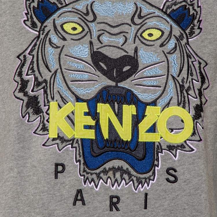 Pre Owned Kenzo Grey Cotton Tiger Embroidered Crewneck Sweatshirt L