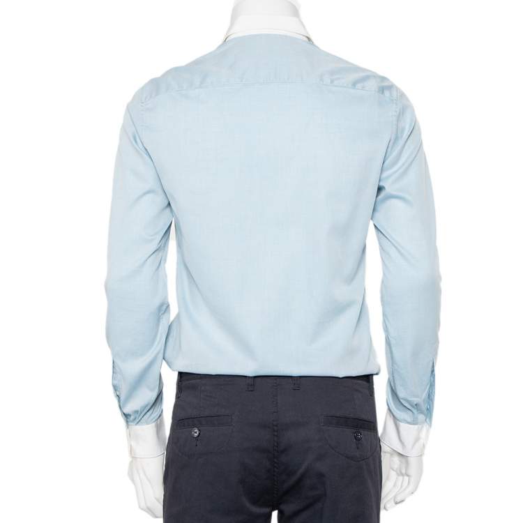 Pre Owned Kenzo Blue Cotton Contrast Trim Button Front Slim Fit Shirt M